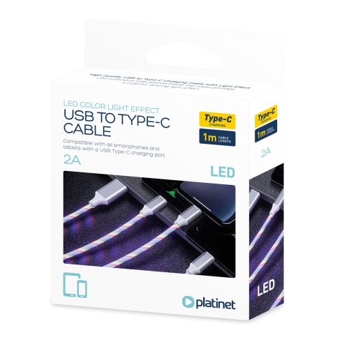 Kabel USB - USB-C PLATINET 1m 2A LED biały (45740)