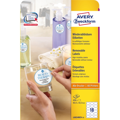 Etykiety ZF 63,5x42,3mm owalne usuwalne L6024REV-25 (25 arkuszy) AVERY ZWECKFORM