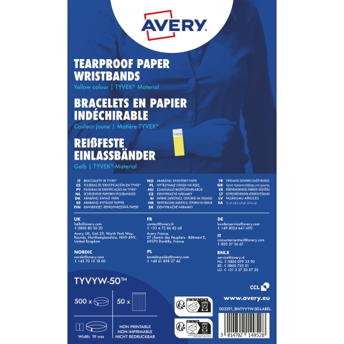Opaski na rękę 256x19mm (50 arkuszy = 500 opasek) neonowe żółte TYVYW-50 AVERY