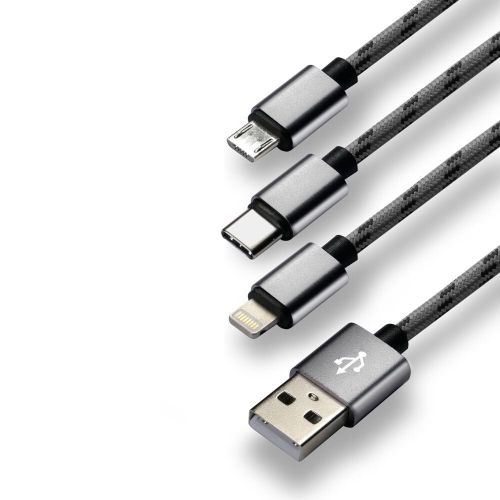 Kabel USB - USB-C/microUSB/Lightning EVERACTIVE 3w1 1,2m 2,4A pleciony czarny (CBB-1.2MCI)