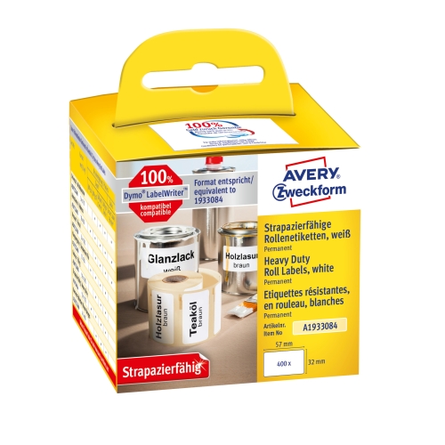 Etykiety Heavy Duty w rolce 400 etyk. 32 x 57 mm, poliestrowe, trwałe, białe A1933084 Avery Zweckfor
