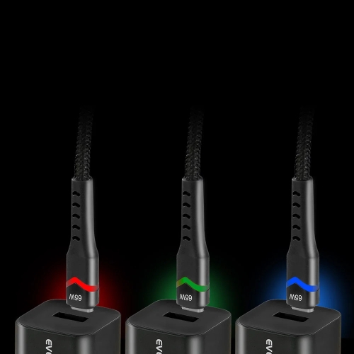 Kabel USB-C -> USB-C EVERACTIVE 2m 3A 60W pleciony czarny wtyczka z led RGB (CBB-2PDR)