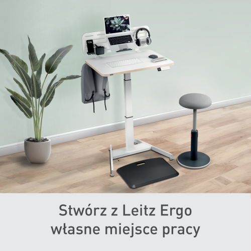 Biurko Leitz Ergo białe do pracy w pozycji siedzącej i stojącej obsługiwane elektronicznie 65340001