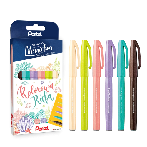 Pisak PENTEL BRUSH SIGN PEN kpl. 6 kolorów SES15C
