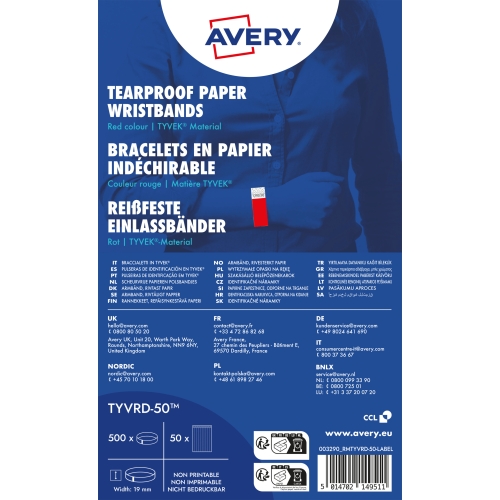 Opaski na rękę 256x19mm (50 arkuszy = 500 opasek) neonowe czerwone TYVRD-50 AVERY