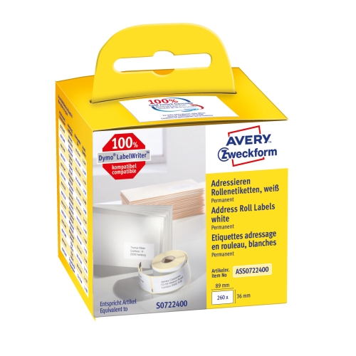 Etykiety adresowe w rolce 36x89mm 260 etyk.trwałe, białe ASS0722400 Avery Zweckform