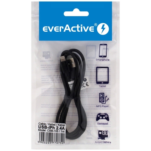 Kabel USB -> Lightning 1m 2,4A pleciony czarny EVERACTIVE (CBB-1IB)