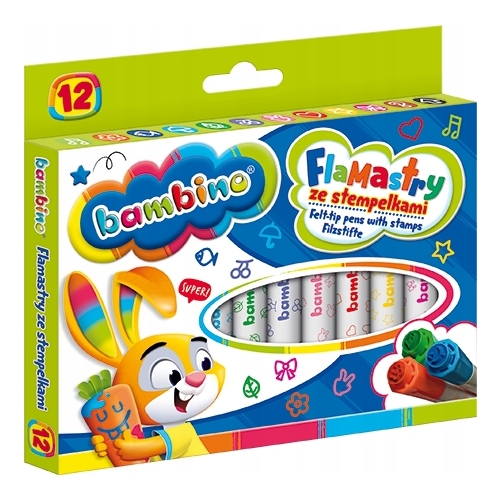 Flamastry dla dzieci ze stempelkami Zestaw 12 kolorów Pisaki Mazaki BAMBINO St.Majewski