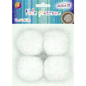 Pompony kule pluszowe białe metalizowane perłowe (4szt.) POM-3202 ALIGA