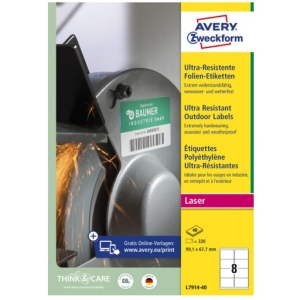 Etykiety foliowe Ultra Resistant 99,1x67,7mm (40arkuszy=320etykiet) L7914-40 AVERY ZWECKFORM