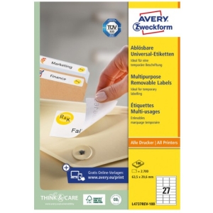 Etykiety białe usuwalne 63,5x29,6mm (100 arkuszy = 2700 etykiet) L4737REV-100 AVERY ZWECKFORM