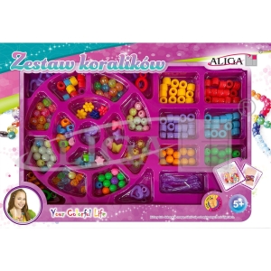 Zestaw koralików plastikowych mix kolorów i kształtów op. ok. 170szt.+2x 120cm żyłka PJ-1985 ALIGA