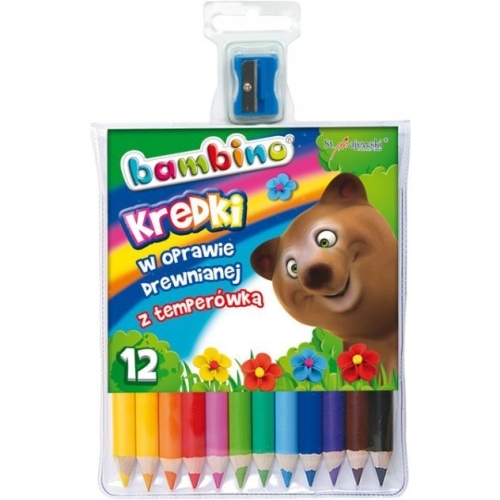 Kredki w oprawie drewnianej BAMBINO 12 kolorów z glinki kaolinowej + temperówka St.Majewski