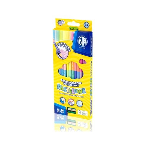 Kredki ołówkowe trójkątne pastelowe dwustronne 12/24kol z temperówką 312120003 ASTRA