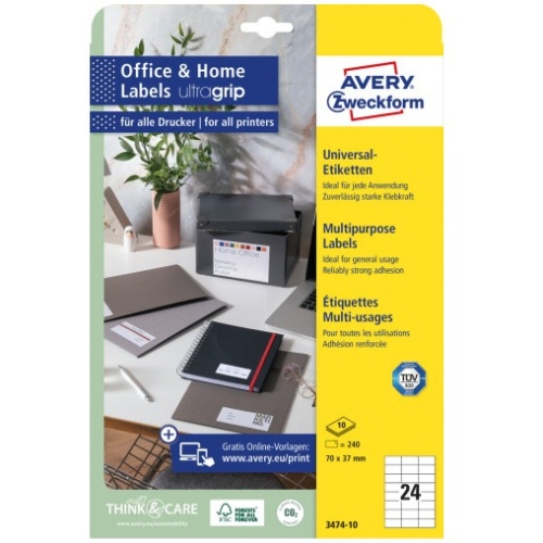 Etykiety białe ULTRAGRIP 70x37mm (10 arkuszy = 240 etykiet) 3474-10 AVERY ZWECKFORM