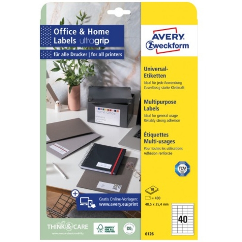 Etykiety białe ULTRAGRIP 48,5x25,4mm (10 arkuszy = 400 etykiet) 6126 AVERY ZWECKFORM