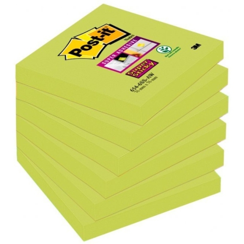 Bloczki 3M POST-IT 76x76mm zielone Super Sticky opakowanie 6 bloczków x 90kartek 654-6SS-AW-EU