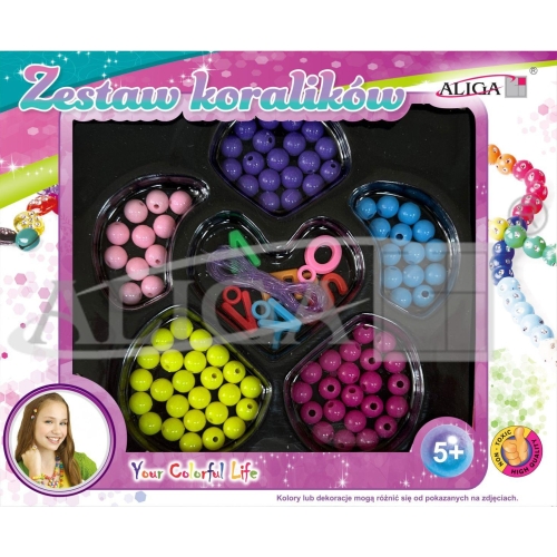 Zestaw koralików plastikowych mix kolorów i kształtów op. ok. 80szt.+żyłka 120cm. PJ-1992 ALIGA
