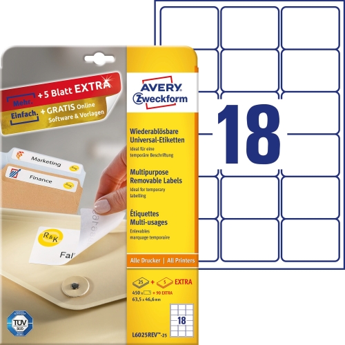 WYCOFANE Etykiety ZF 63.5*46.6 6025 (25) usuwalne AVERY ZWECKFORM