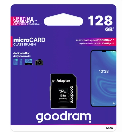 Pamięć MicroSD 128GB GOODRAM MicroSDXC CL10 UHS I + adapter M1AA-1280R12