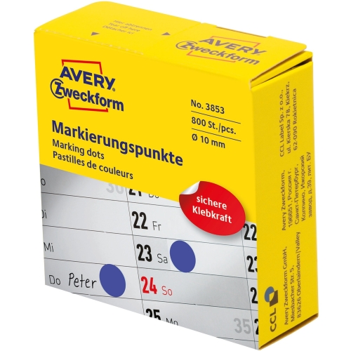 Kółka w dyspenserze trwałe 800szt. średnica 10mm niebieskie 3853 AVERY ZWECKFORM