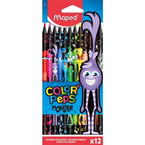 Kredki trójkątne MONSTER 12 kolorów w czarnej obudowie 862612 COLORPEPS MAPED