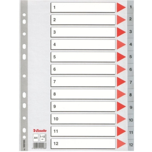 Przekładki plastikowe szare PP A4 1-12 numeryczne 100106 ESSELTE