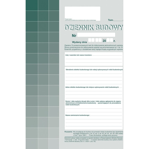 603-S11 Dziennik budowy (10kpl.) A4 oryginał + kopia Michalczyk i Prokop